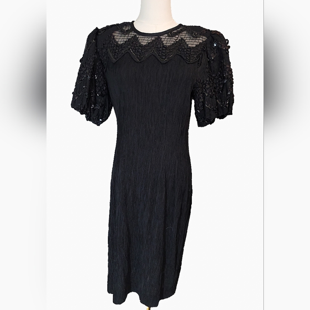 VTG 80s Black Sequin Pleated Dress Prom Puffy Sleeve Party Prom Cocktail ILGWU 8